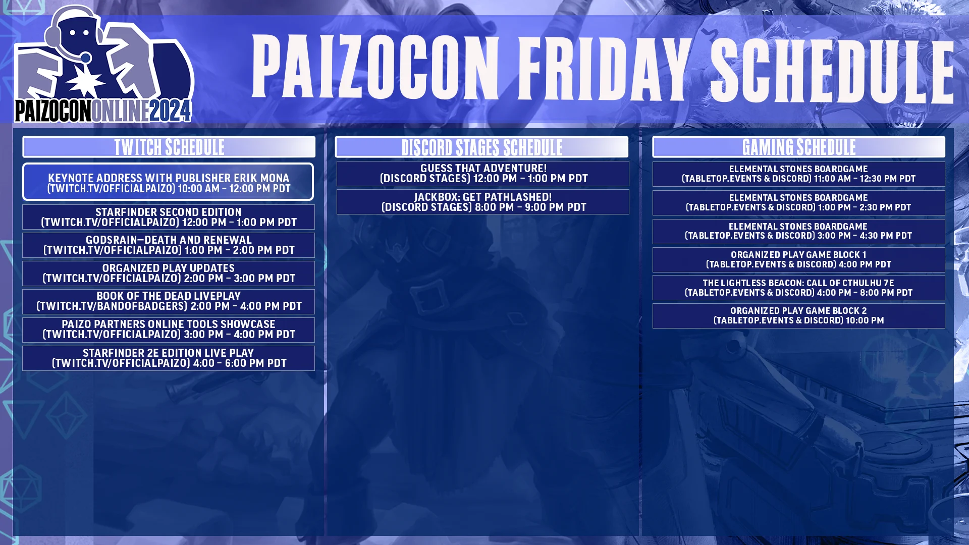 Paizocon Friday Schedule.